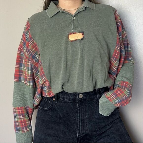 Reworked Upcycled Wrangler Long Sleeve Western Cowgirl Plaid Flannel Shirt Top - Picture 2 of 5